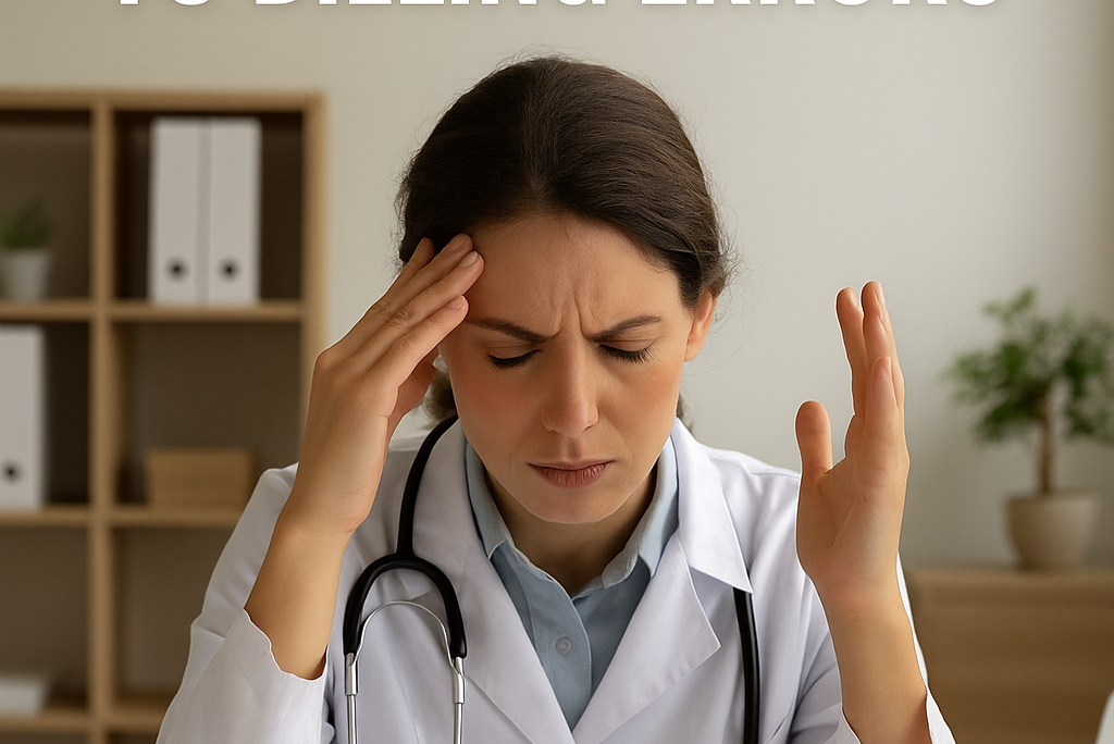 A frustrated female doctor in a white coat sits at her desk with her hand on her forehead, surrounded by denied medical claim forms stamped “DENIED,” highlighting the stress small practices face due to billing errors.