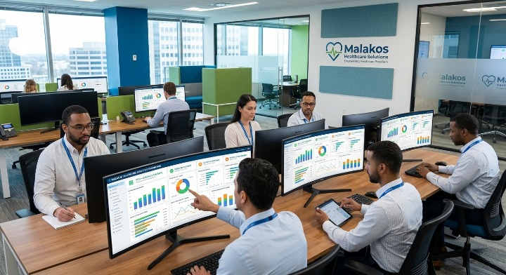 Professional billing team working on computers with healthcare analytics dashboard